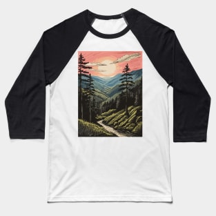 Mountainous Terrain During Sunset Or Sunrise Tall Coniferous Trees Baseball T-Shirt